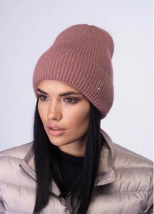 Женская шапка leks с отворотом из ангоры самбука кофе