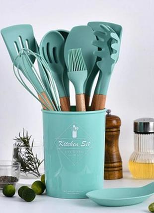 Кухонный набор silikone kitchen set мятный из силикона с бамбуковой ручкой из 12 предметов