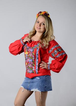 Вышиванка женская с длинным рукавом - реглан, вышивка - авторская, гладь, поплин, цвет - красный. 56-58
