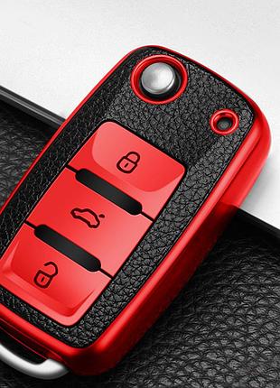 Чехол кожаный tpu красный на ключ skoda octavia a5 tour fabia vw golf 5 6 passat b5 b6 jetta seat leon toledo
