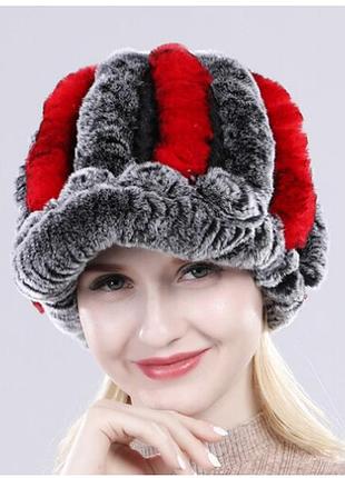 Шапка, кепка з хутра кролика рекс сера з красними полосками