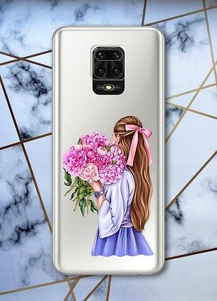 Прозорий чохол для xiaomi redmi note 9 pro / 9s / 9 pro max з друком дівчина з півоніями принт 11
