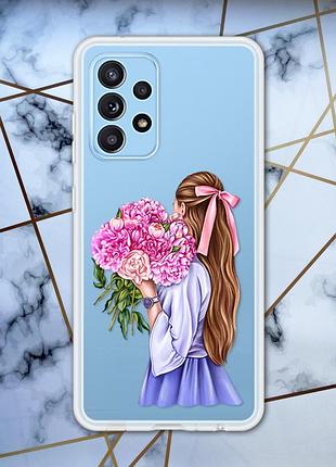 Прозорий чохол для samsung galaxy a52 з об'ємним друком "дівчина з півоніями" принт 11