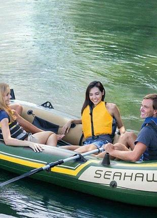Надувная лодка четырёхместная intex 68351 seahawk 4 set 351*145*48 см весла, ручной насос 3-х камерная
