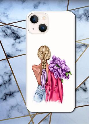 Прозорий чохол для iphone 13 mini з об'ємним друком "дівчина з бузком" принт 7