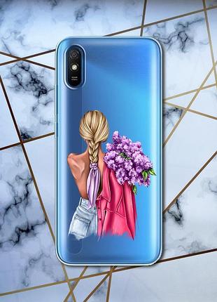 Прозрачный чехол для xiaomi redmi 9a :: девушка с сиренью (принт 7)