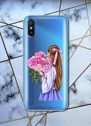 Прозорий чохол для xiaomi redmi 9a з об'ємним друком "дівчина з півоніями" принт 11