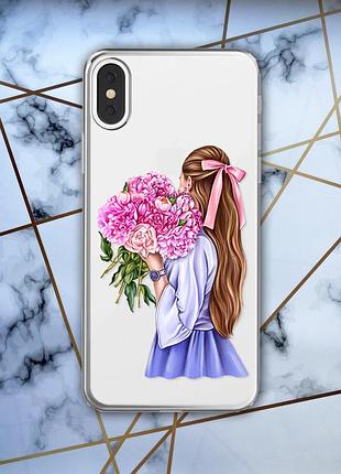 Прозрачный чехол для iphone x / xs :: девушка с пионами (принт 11)