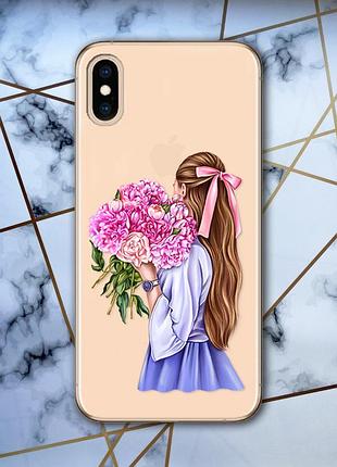 Прозрачный чехол для iphone xs max :: девушка с пионами (принт 11)
