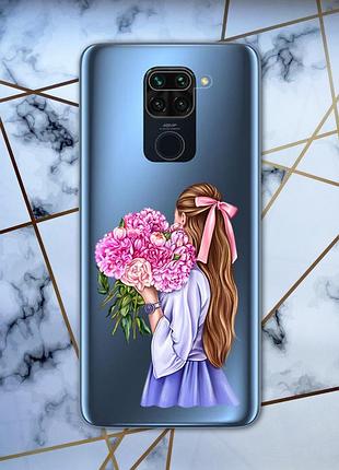 Прозорий чохол для xiaomi redmi note 9 з об'ємним друком "дівчина з півоніями" принт 11