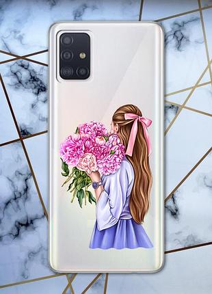 Прозрачный чехол для samsung galaxy а51 :: девушка с пионами (принт 11)