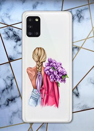 Чохол для samsung a31 з об'ємним друком "дівчина з бузком" принт 7