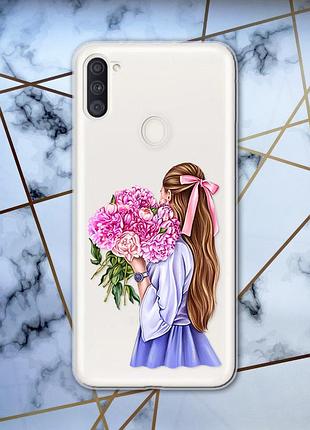 Прозорий чохол для samsung galaxy а11 з об'ємним друком "дівчина з півоніями" принт 11