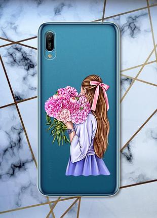 Прозорий чохол для huawei y6 2019 / y6 prime 2019 з об'ємним друком "дівчина з півоніями" принт 11