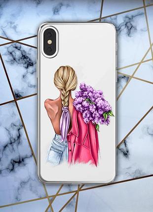 Прозорий чохол для iphone x / xs з об'ємним друком "дівчина з бузком" принт 7