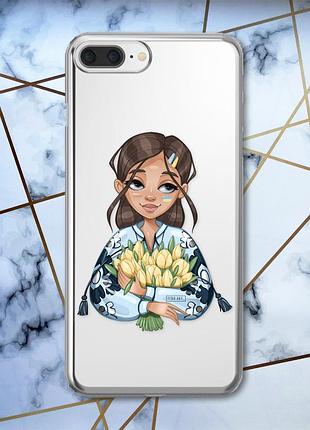 Прозрачный чехол на iphone 7 plus / iphone 8 plus :: девушка с тюльпанами (принт 22)