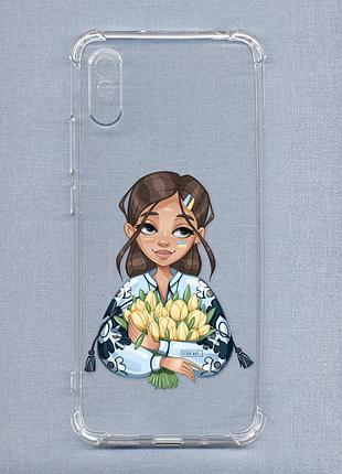 Чехол с утолщенными углами на xiaomi redmi 9a :: девушка с тюльпанами (принт 22)