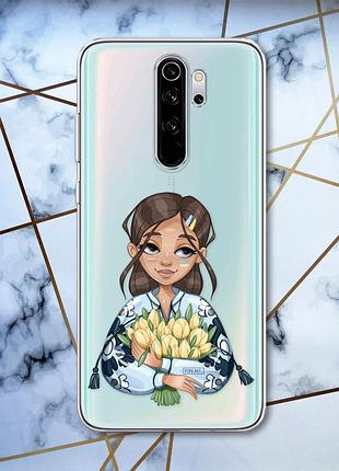 Прозрачный чехол на xiaomi redmi note 8 pro :: девушка с тюльпанами (принт 22)