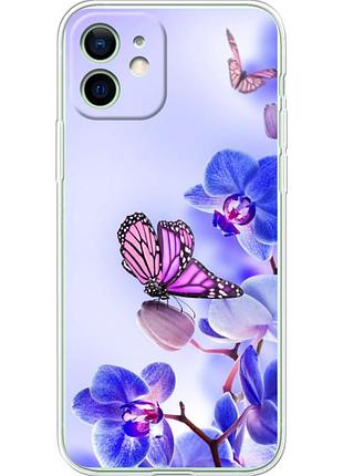 Чехол силиконовый с картинкой на iphone 12 (цветок, бабочка на орхидее)