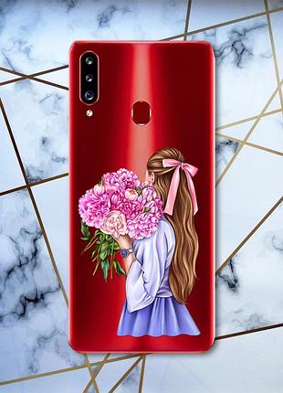 Прозорий чохол на samsung galaxy а20ѕ рельєфний дизайн дівчина з півоніями принт 11