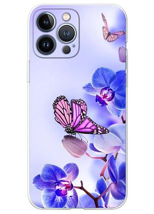 Чехол силиконовый с картинкой на iphone 13 pro max (цветок, бабочка на орхидее)