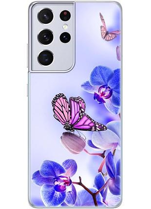 Чехол силиконовый с картинкой на samsung galaxy s21 ultra (g998) (цветок, бабочка на орхидее)