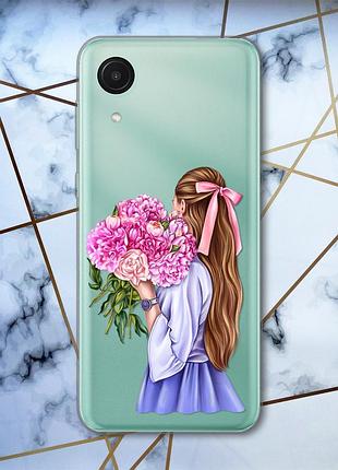 Прозрачный чехол на samsung galaxy a03 core / a032 :: девушка с пионами (принт 11)