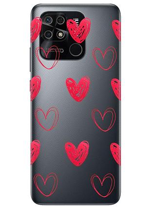 Прозрачный чехол на xiaomi redmi 10с :: сердечка красные (принт 77)