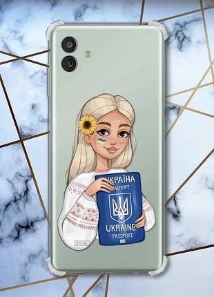 Чехол с утолщёнными углами на samsung galaxy m13 5g :: девушка с паспортом (принт 13)