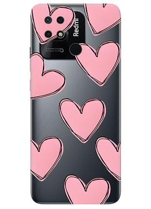 Прозрачный чехол на xiaomi redmi 10с :: сердечка красные (принт 78)