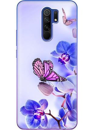 Чехол силиконовый с картинкой на xiaomi redmi 9 (цветок, бабочка на орхидее)