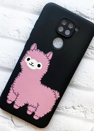 Матовый черный чехол на xiaomi redmi note 9 :: лама розовая (принт 100)
