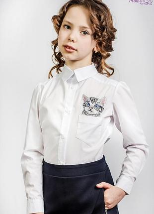 Белая блуза с котиком для девочки malena 152