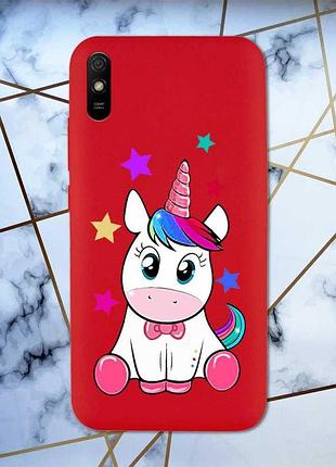 Матовый чехол с красными боками на xiaomi redmi 9а :: единорог (принт 102)