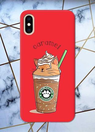 Матовый чехол с красными боками на iphone xs max :: капучино котик (принт 97)