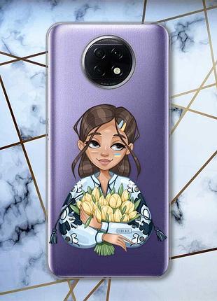 Прозорий чохол на xiaomi redmi note 9t/redmi note 9 5g дівчина з тюльпанами (патріотичний принт 22)