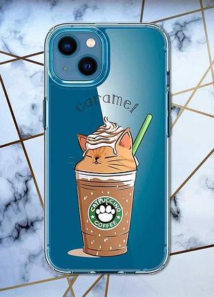 Прозрачный чехол для iphone 13 mini :: капучино котик (принт 97)