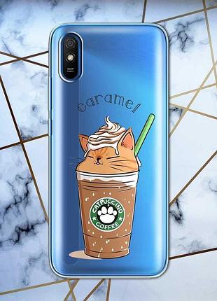 Прозрачный чехол на xiaomi redmi 9a :: капучино котик (принт 97)