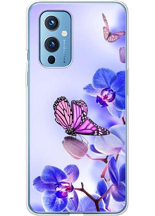 Чехол силиконовый с картинкой на oneplus 9 (цветок, бабочка на орхидее)