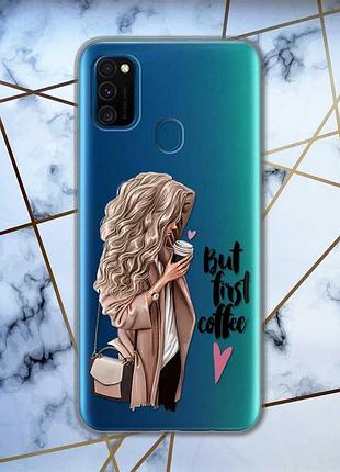 Прозрачный чехол на samsung galaxy m30s/м21 :: девушка с кофе (принт 114)