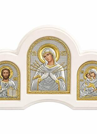 Срібна потрійна ікона семистрільна, спаситель та богородиця з немовлям, з позолотою, silver axion (греція)