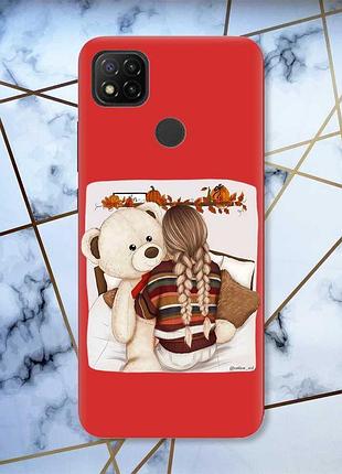 Матовый чехол с красными боками на xiaomi redmi 9c/10a :: девочка с мишкой (принт 117)