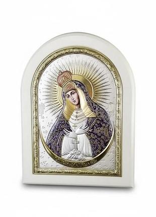 Серебряная икона богородица остробрамская с позолотой в белом киоте 25*20 см, silver axion (греция)