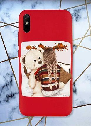 Матовый чехол с красными боками на xiaomi redmi 9а :: девочка с мишкой (принт 117)