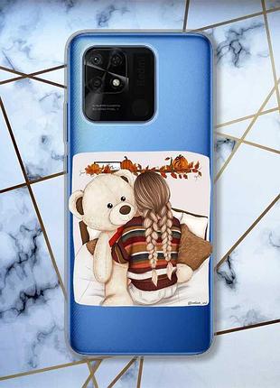Прозрачный чехол на xiaomi redmi 10с :: девочка с мишкой (принт 117)