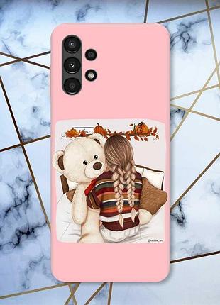 Матовый чехол с розовыми боками на samsung a13 4g :: девочка с мишкой (принт 117)