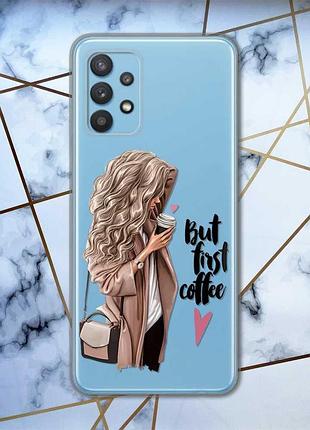 Прозрачный чехол на samsung galaxy a32 :: девушка с кофе (принт 114)