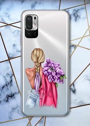 Прозрачный чехол на xiaomi redmi note 10 5g :: девушка с сиренью (принт 7)