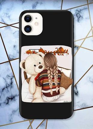 Матовый чехол с черными боками на apple iphone 11 (6.1) :: девочка с мишкой (принт 117)