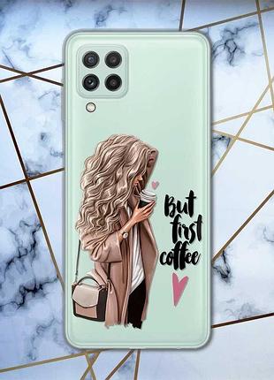 Прозрачный чехол на samsung galaxy a22 4g / m22 / m32 :: девушка с кофе (принт 114)